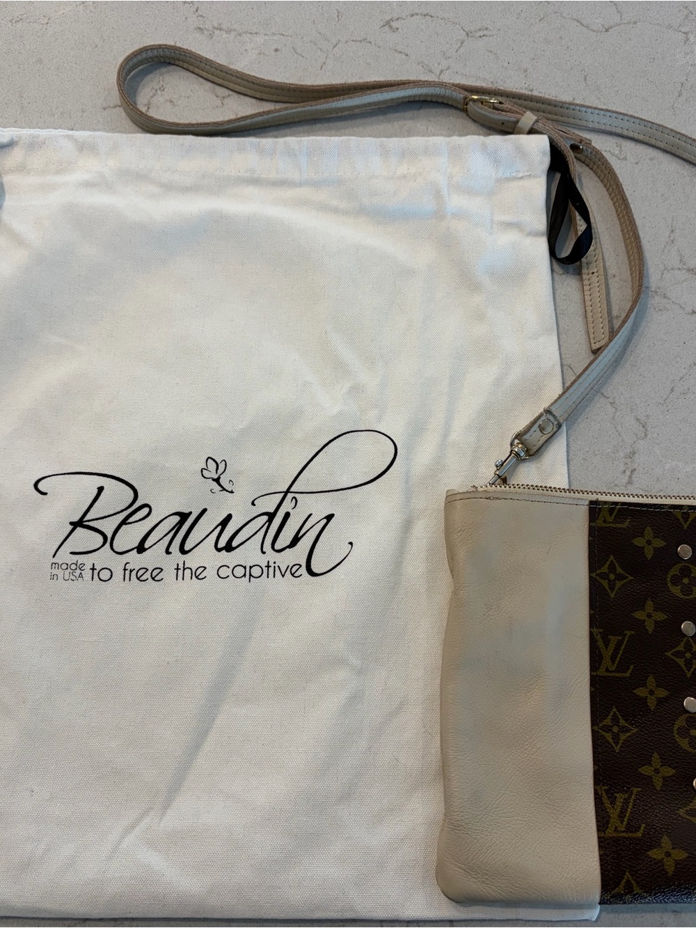 Beaudin Caroline Crossbody Cream and Brown Bag with Repurposed LV Monogram Panel - Picture 2 of 11